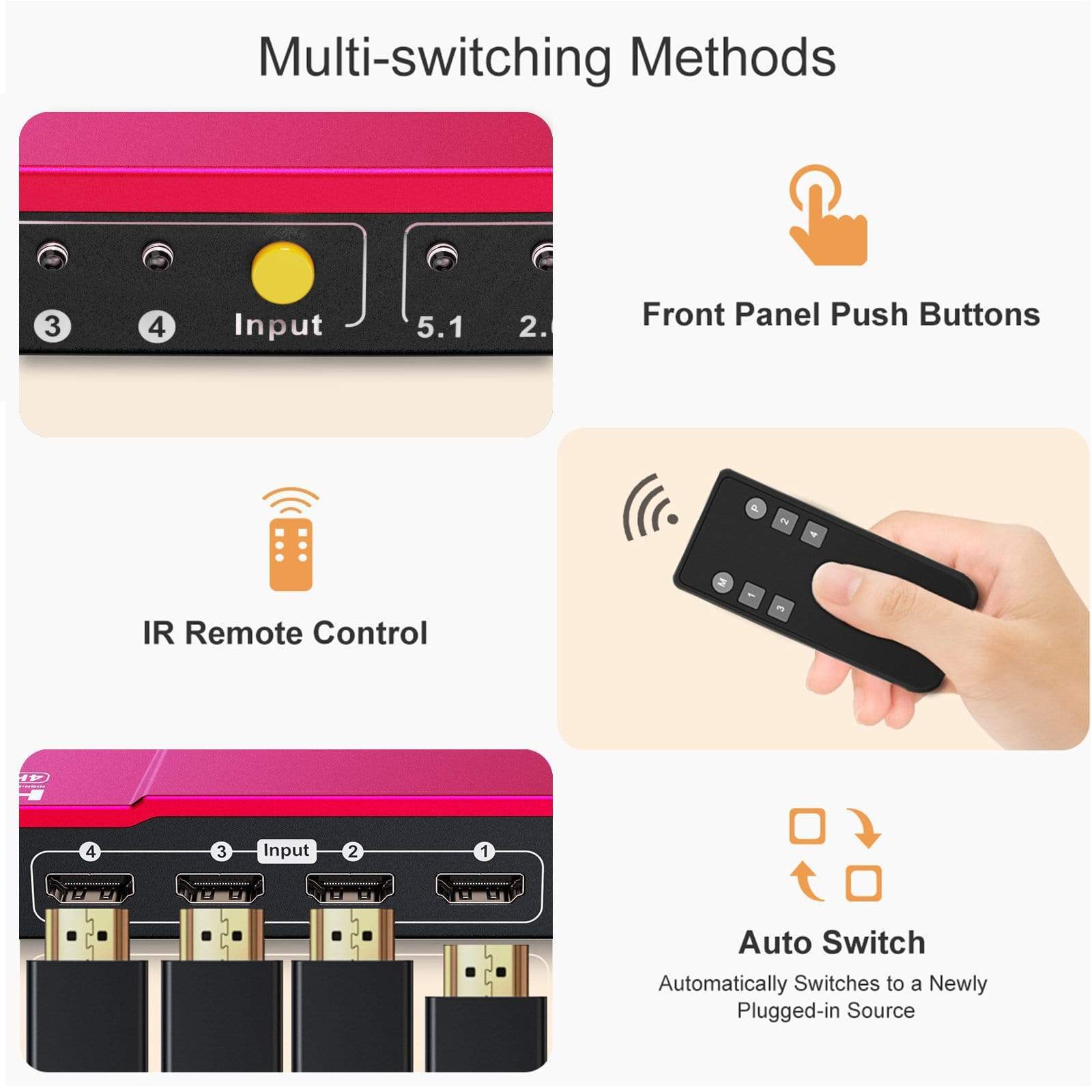 TESmart HSW0401A1U Ultra HD 4x1 HDMI 4K@60Hz 4:4:4 The Fast Switch 4Kx2K 4 Port HDMI Switch Box Selector 4x1 with S/PDIF and L/R Audio Output, IR Wireless Remote Control, HDMI Switch 4 in 1 Out - Image 4